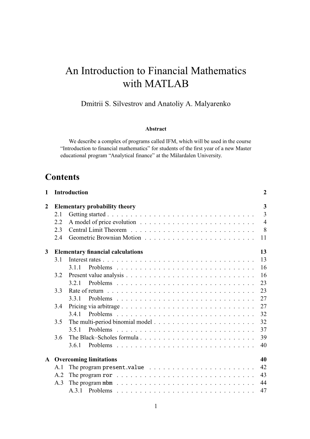 An Introduction to Financial Mathematics with MATLAB