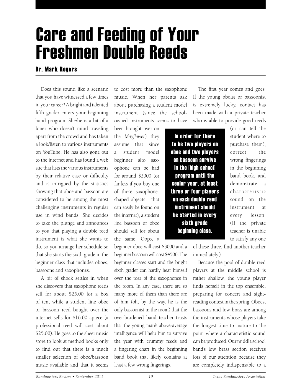 Care and Feeding of Your Freshmen Double Reeds Dr