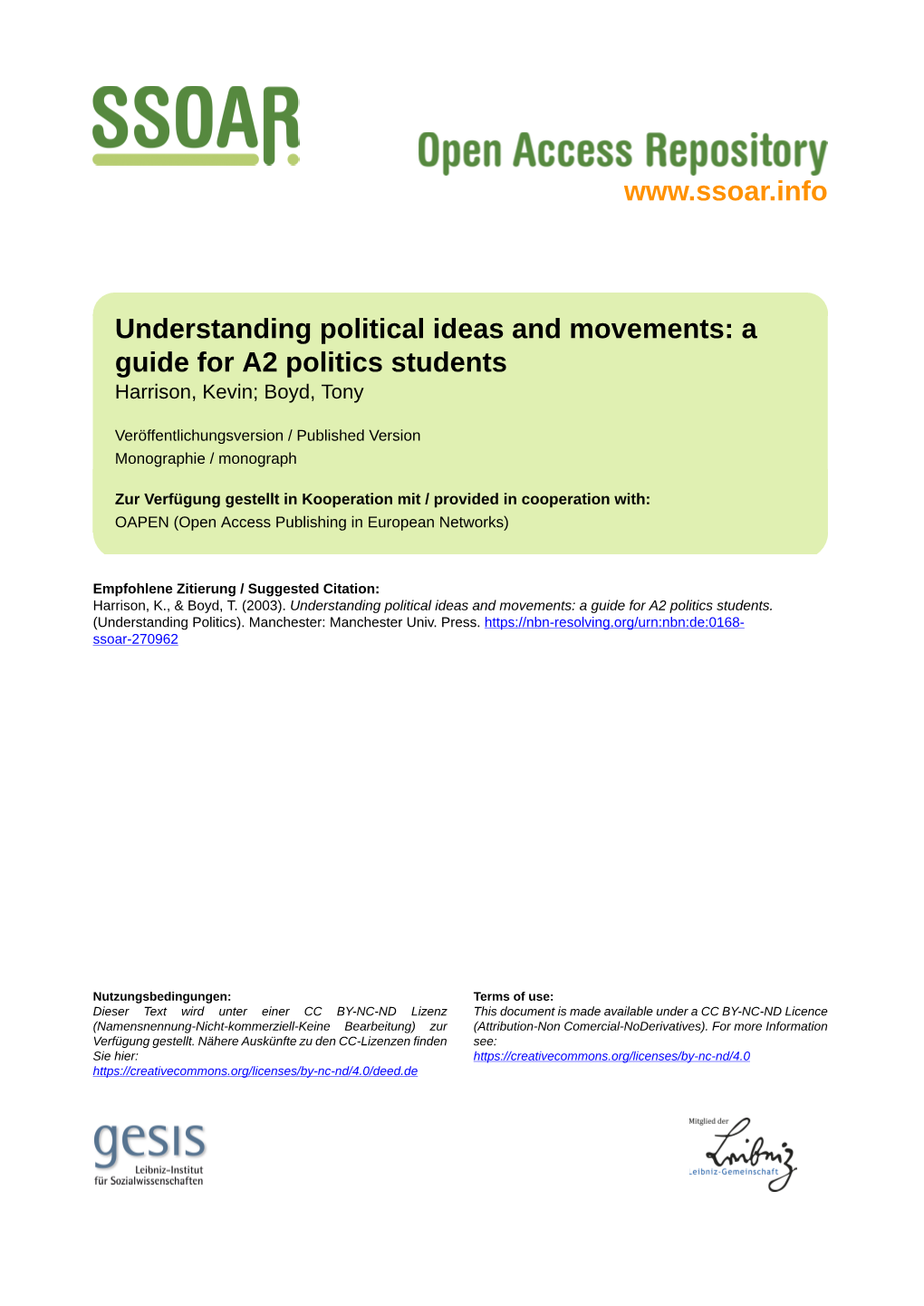 Understanding Political Ideas and Movements: a Guide for A2 Politics Students Harrison, Kevin; Boyd, Tony