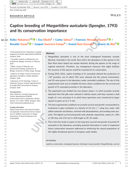 Captive Breeding of Margaritifera Auricularia (Spengler, 1793)