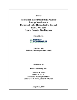 Recreation Resources Study Plan for Energy Northwest's Packwood Lake Hydroelectric Project FERC No