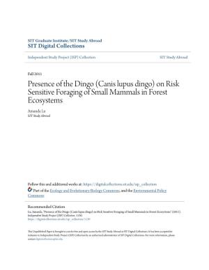 (Canis Lupus Dingo) on Risk Sensitive Foraging of Small Mammals in Forest Ecosystems Amanda Lu SIT Study Abroad