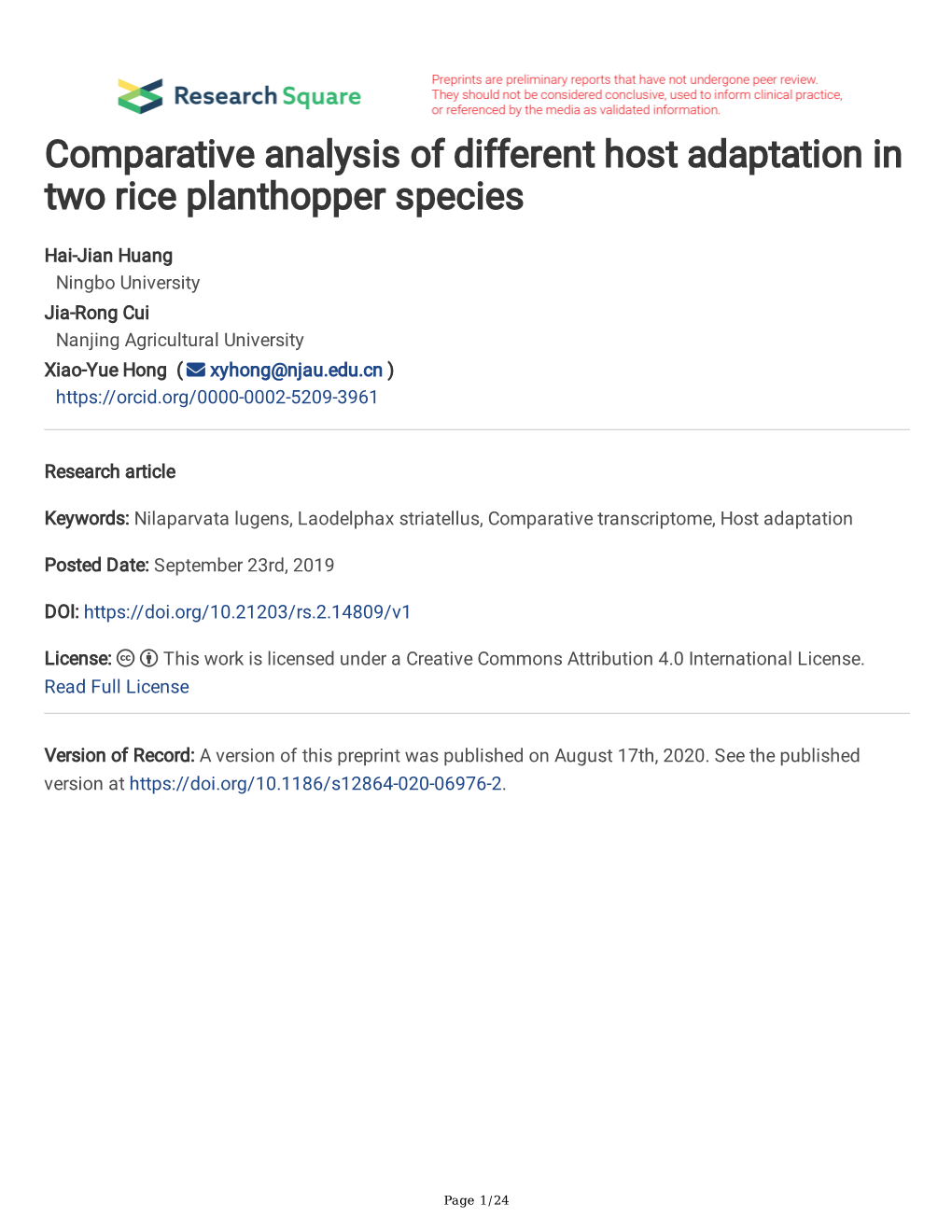 Comparative Analysis of Different Host Adaptation in Two Rice Planthopper Species