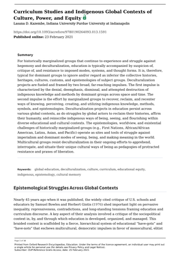 Curriculum Studies and Indigenous Global Contexts of Culture, Power, and Equity Lasana D