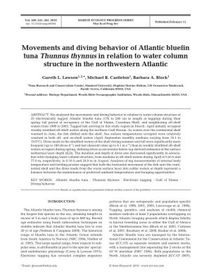 Movements and Diving Behavior of Atlantic Bluefin Tuna Thunnus Thynnus in Relation to Water Column Structure in the Northwestern Atlantic