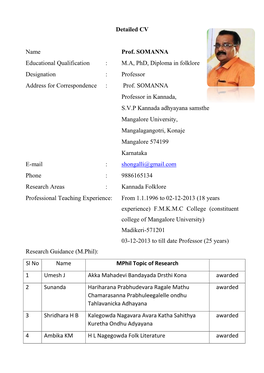 Detailed CV Name Prof. SOMANNA Educational Qualification