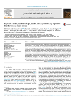 Klipdrift Shelter, Southern Cape, South Africa: Preliminary Report on the Howiesons Poort Layers