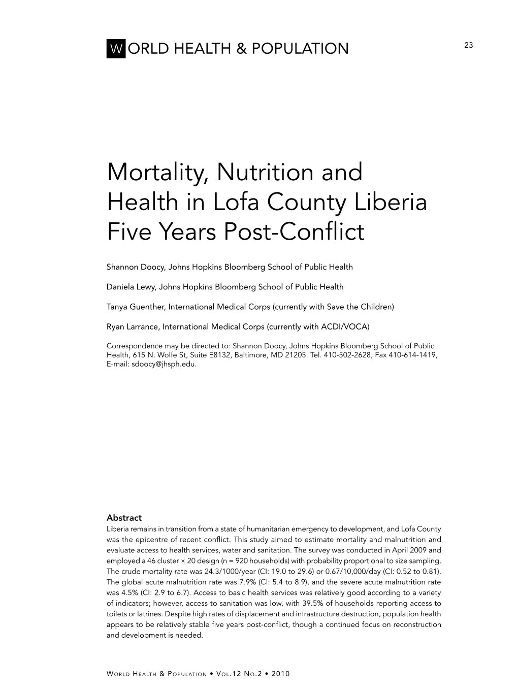 Mortality, Nutrition and Health in Lofa County Liberia Five Years Post-Conflict