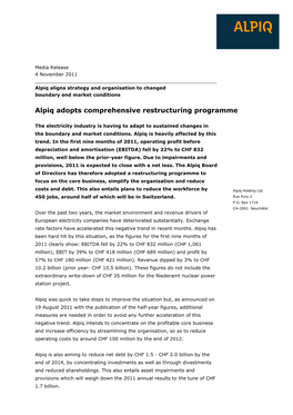 Alpiq Adopts Comprehensive Restructuring Programme
