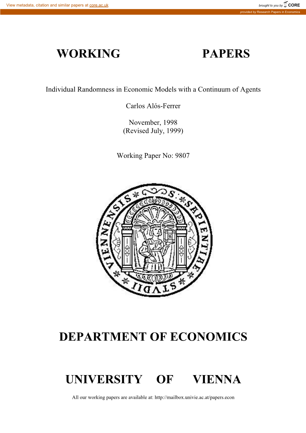 Working Papers Department of Economics University Of