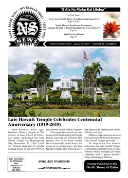 Laie Hawaii Temple Celebrates Centennial Anniversary (1919-2019) One Hundred Years Ago, Was Known As the Hawaii Temple