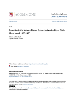 Education in the Nation of Islam During the Leadership of Elijah Muhammad, 1935-1975
