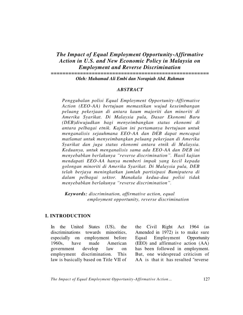 The Impact of Equal Employment Opportunity-Affirmative Action in U.S