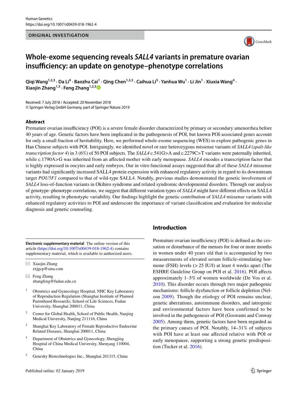 Whole-Exome Sequencing Reveals SALL4 Variants in Premature Ovarian Insufficiency: an Update on Genotype–Phenotype Correlations