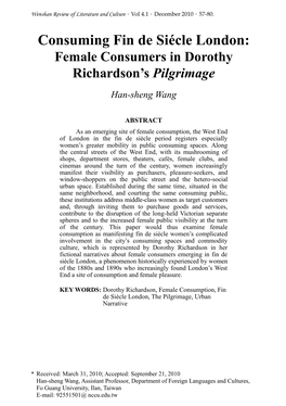 Consuming Fin De Siécle London: Female Consumers in Dorothy Richardson’S Pilgrimage