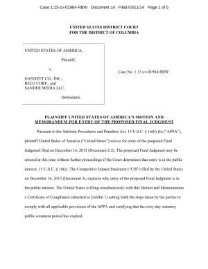 Plaintiff United States of America's Motion and Memorandum for Entry