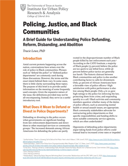 Policing, Justice, and Black Communities a Brief Guide for Understanding Police Defunding, Reform, Disbanding, and Abolition Tracie Lowe, Phd