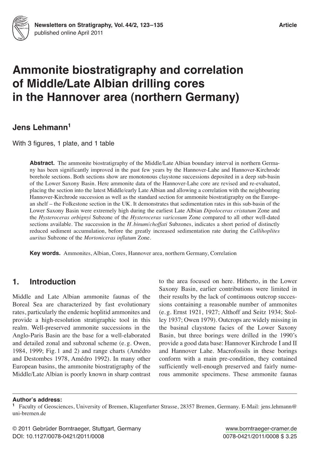 Ammonite Biostratigraphy and Correlation of Middle/Late Albian Drilling Cores in the Hannover Area (Northern Germany)