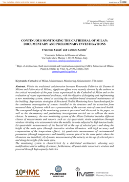 Continuous Monitoring the Cathedral of Milan: Documentary and Preliminary Investigations