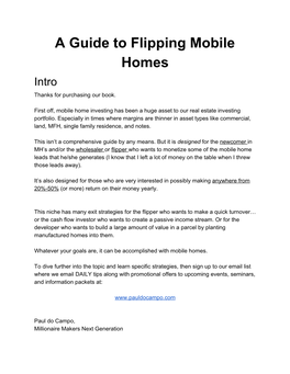 A Guide to Flipping Mobile Homes Intro Thanks for Purchasing Our Book