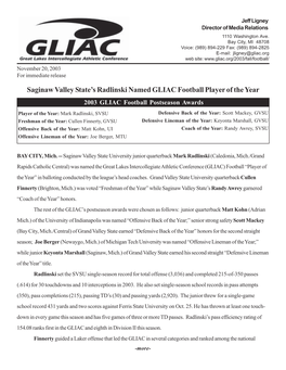 Saginaw Valley State's Radlinski Named GLIAC Football Player Of