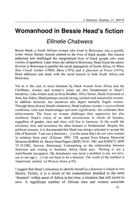 Womanhood in Bessie Head's Fiction Ellinetie Chabwera
