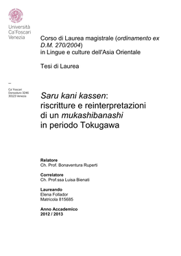 Saru Kani Kassen: Riscritture E Reinterpretazioni Di Un Mukashibanashi in Periodo Tokugawa