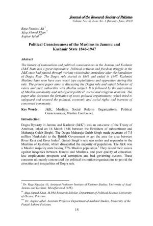 Political Consciousness of the Muslims in Jammu and Kashmir State 1846-1947