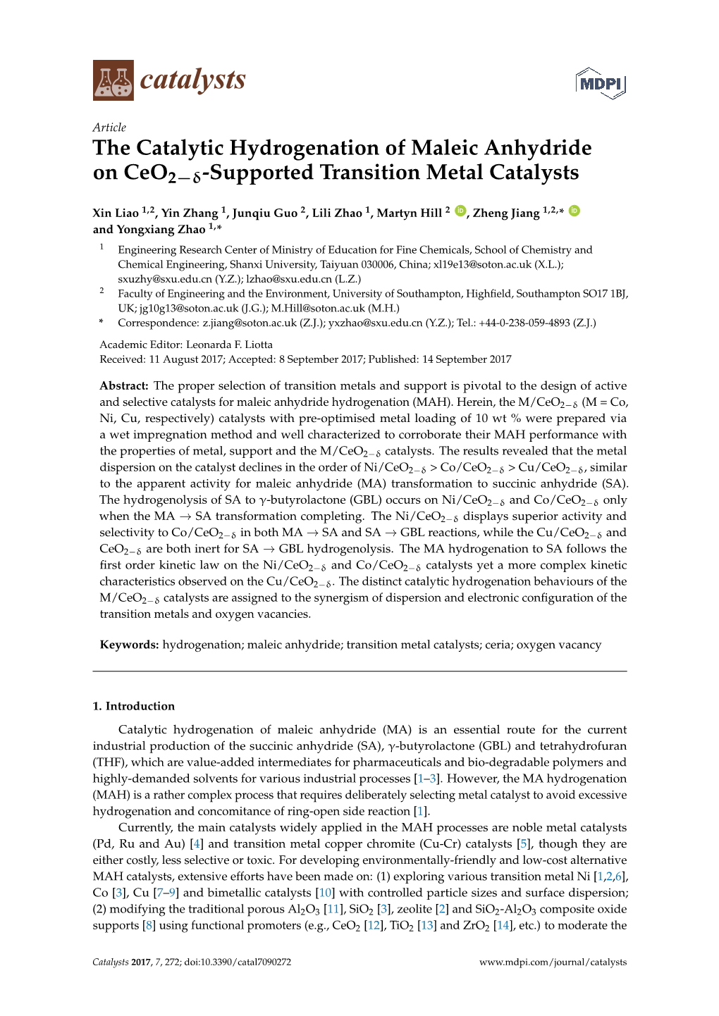 The Catalytic Hydrogenation of Maleic Anhydride on Ceo2−Δ-Supported Transition Metal Catalysts