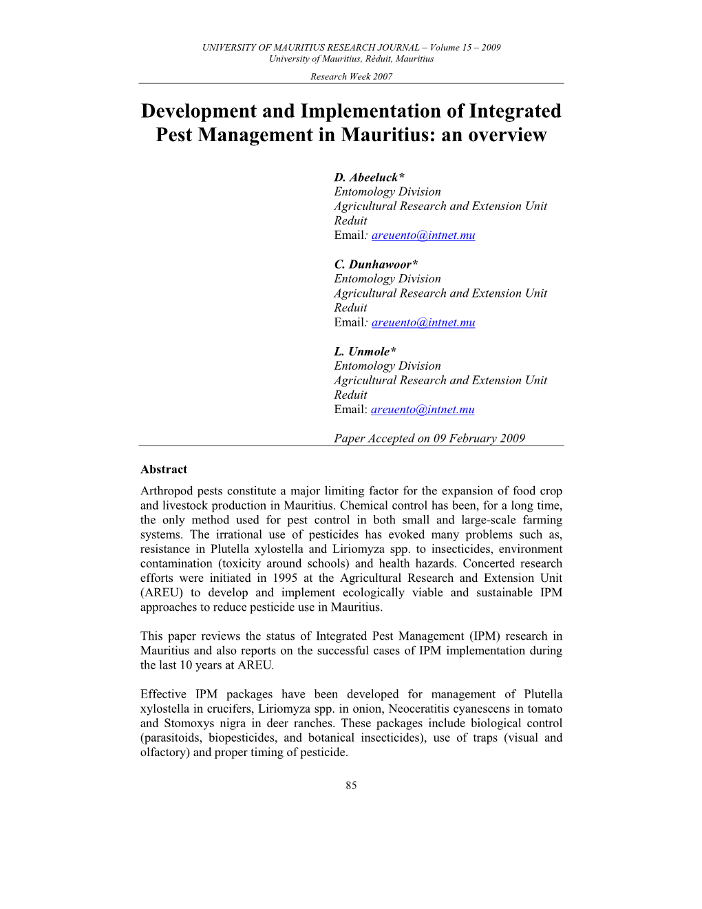 Development and Implementation of Integrated Pest Management in Mauritius: an Overview