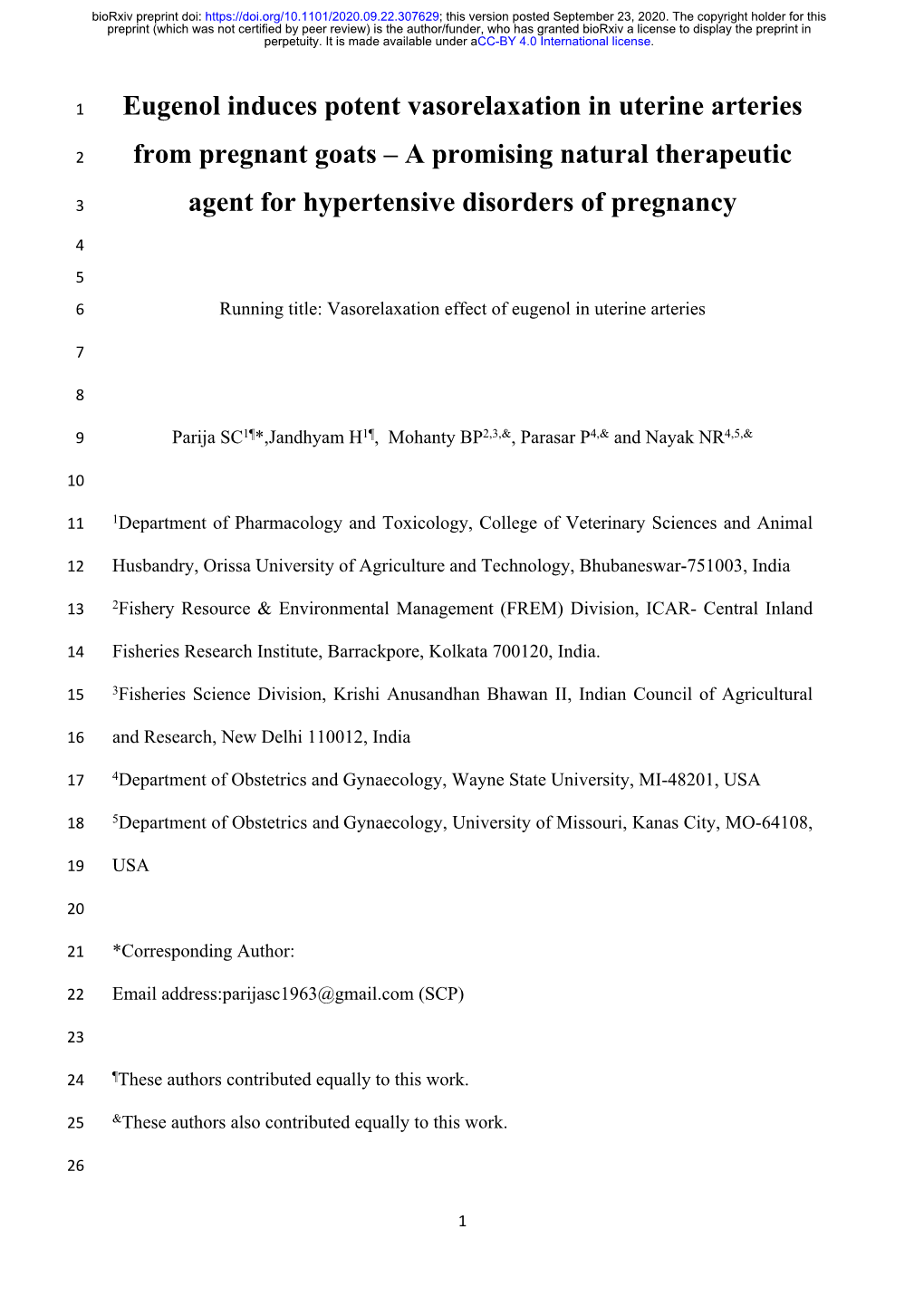 Eugenol Induces Potent Vasorelaxation in Uterine Arteries from Pregnant Goats