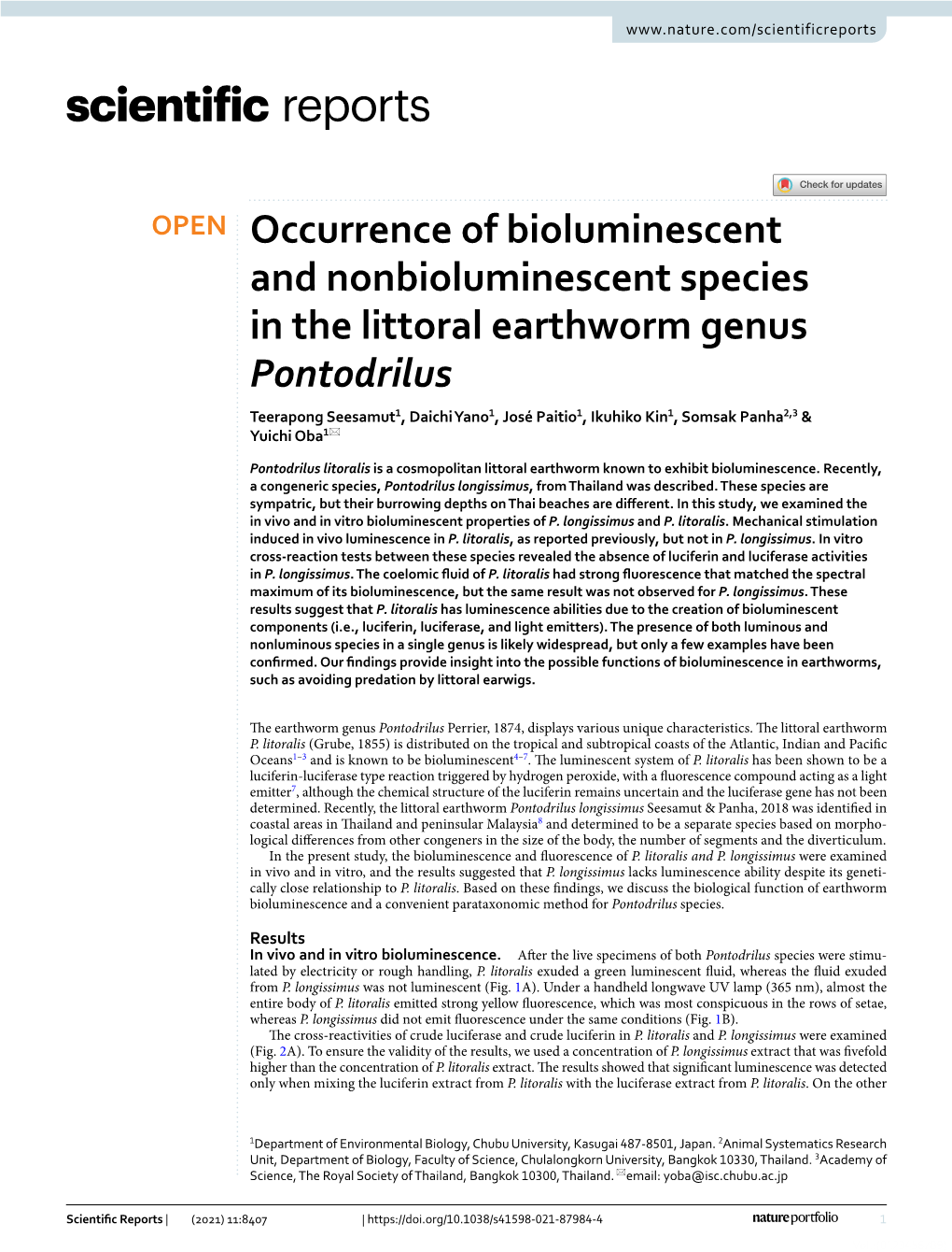 Occurrence of Bioluminescent and Nonbioluminescent Species in The