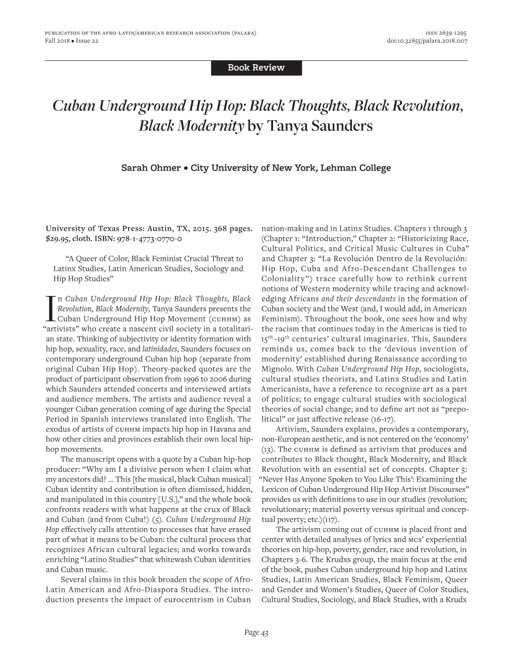 Cuban Underground Hip Hop: Black Thoughts, Black Revolution, Black Modernity by Tanya Saunders