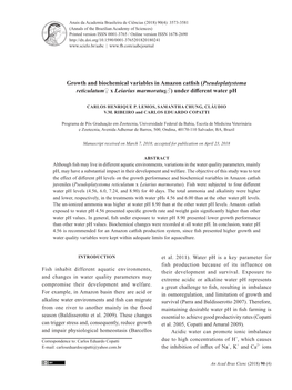 Growth and Biochemical Variables in Amazon Catfish (Pseudoplatystoma Reticulatum♀ X Leiarius Marmoratus♂) Under Different Water Ph
