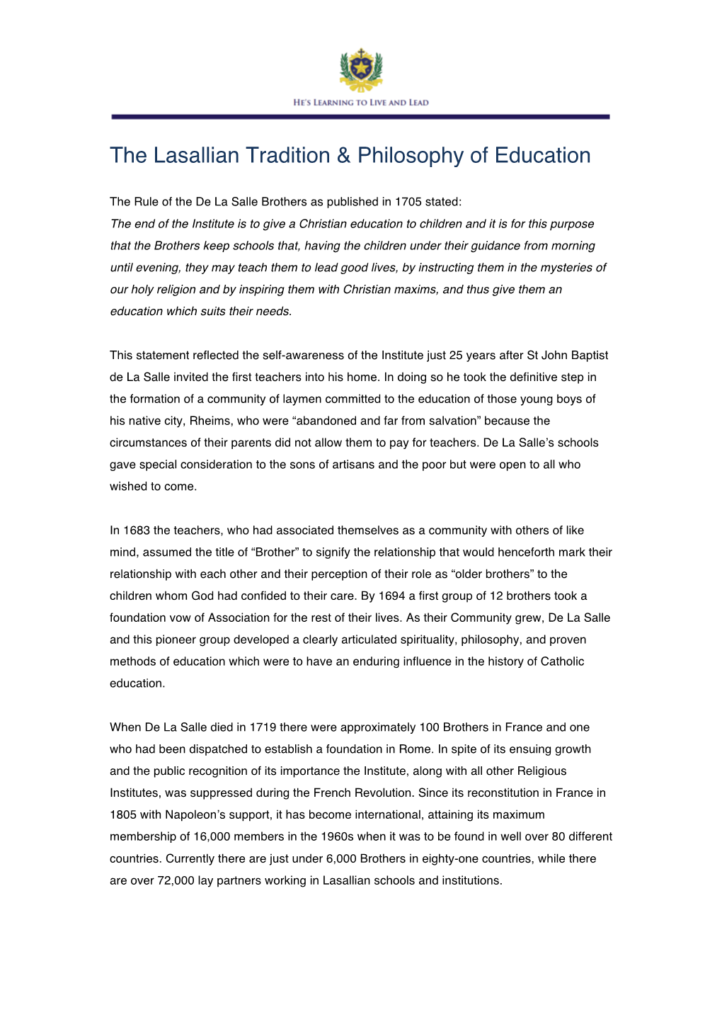 The Lasallian Tradition & Philosophy of Education