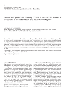 Evidence for Year-Round Breeding of Birds in the Samoan Islands, in the Context of the Australasian and South Pacific Regions
