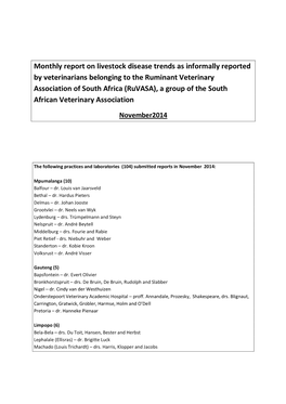 Monthly Report on Livestock Disease Trends As Informally Reported By