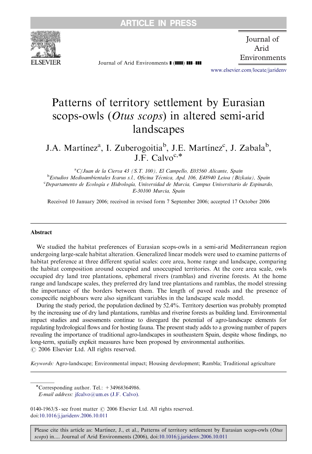 Patterns of Territory Settlement by Eurasian Scops-Owls (Otus Scops) in Altered Semi-Arid Landscapes