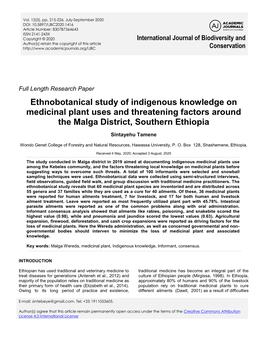 Ethnobotanical Study of Indigenous Knowledge on Medicinal Plant Uses and Threatening Factors Around the Malga District, Southern Ethiopia