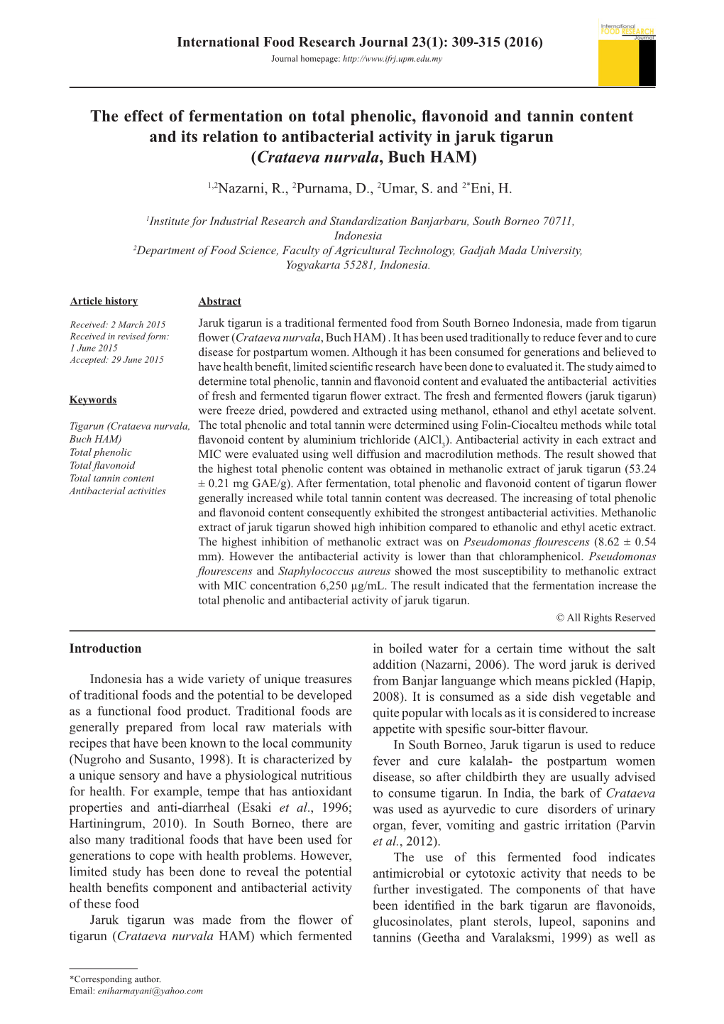 The Effect of Fermentation on Total Phenolic, Flavonoid and Tannin Content and Its Relation to Antibacterial Activity in Jaruk Tigarun (Crataeva Nurvala, Buch HAM)