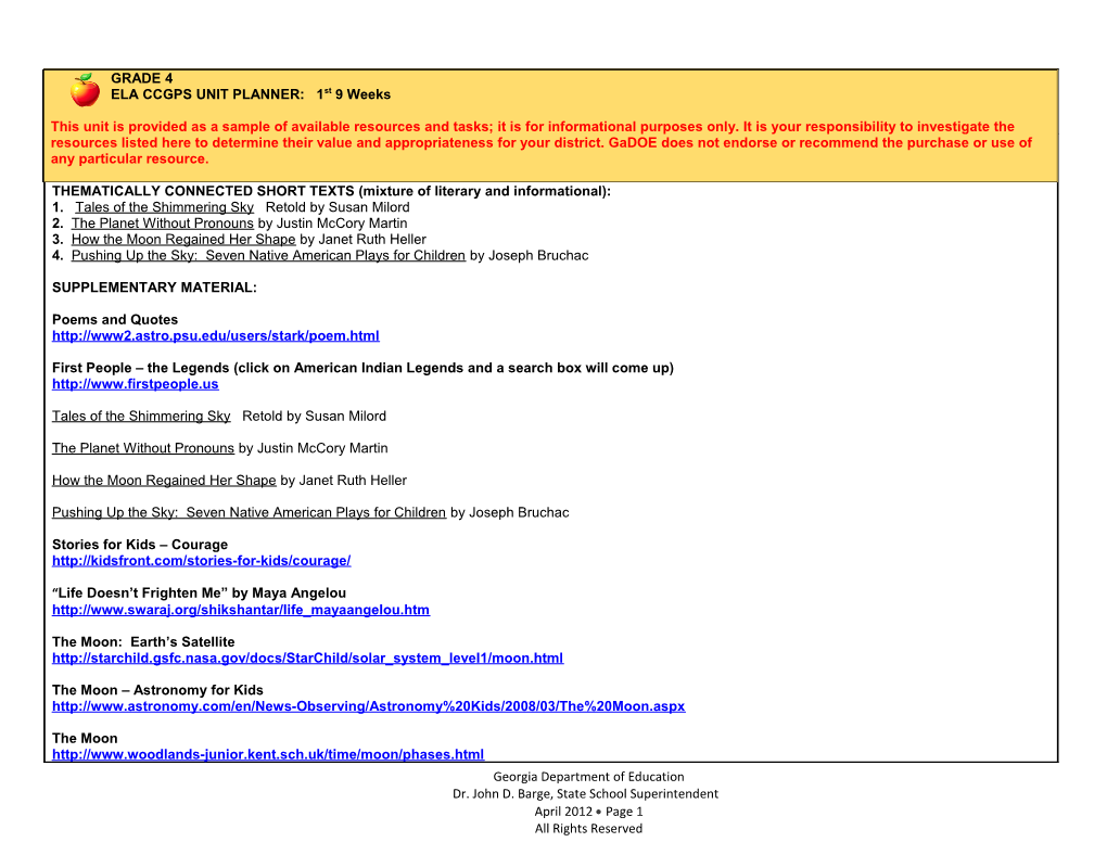 GRADE 4 ELA CCGPS UNIT PLANNER: 1St 9 Weeks This Unit Is Provided As a Sample of Available