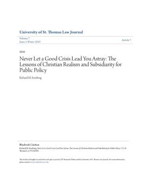 The Lessons of Christian Realism and Subsidiarity for Public Policy Richard M
