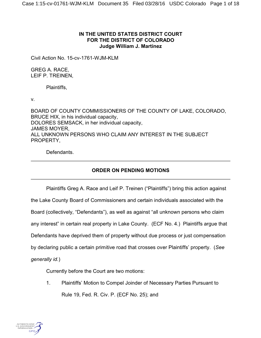 Case 1:15-Cv-01761-WJM-KLM Document 35 Filed 03/28/16 USDC Colorado Page 1 of 18