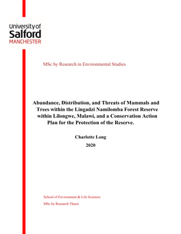 Abundance, Distribution, and Threats of Mammals and Trees Within the Lingadzi Namilomba Forest Reserve Within Lilongwe