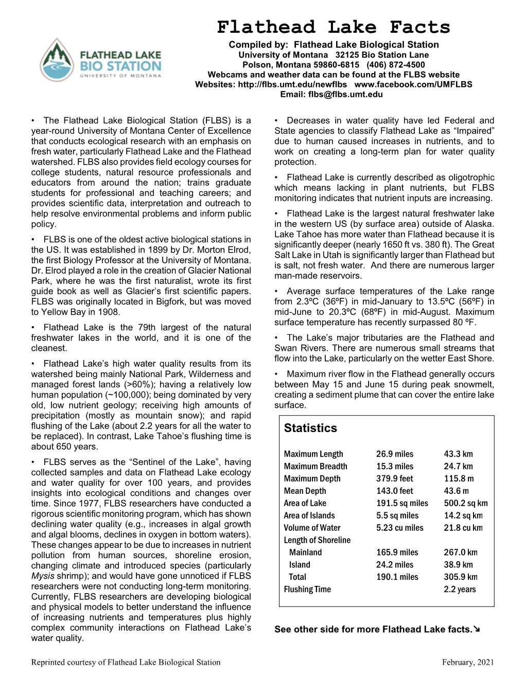 FLBS Flathead Lake Facts 2021