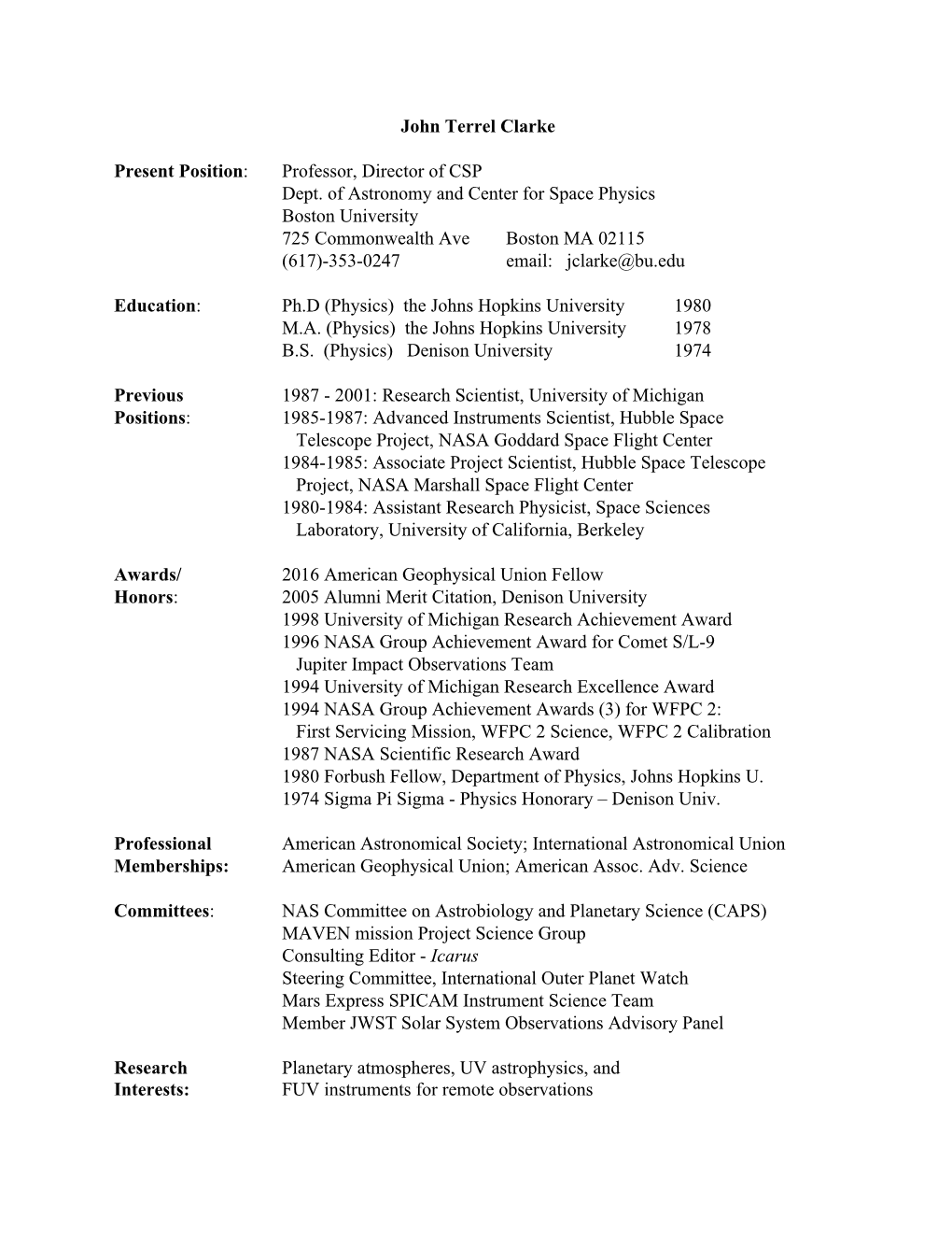 John Terrel Clarke Present Position