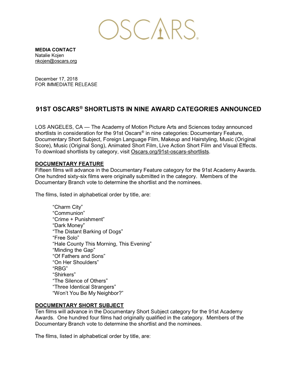 91St Oscars® Shortlists in Nine Award Categories Announced