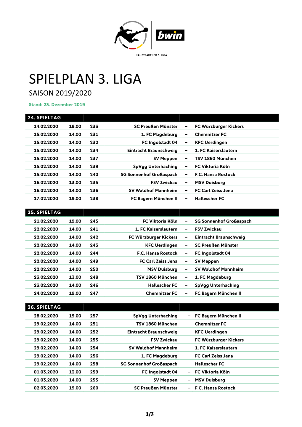 Spielplan 3. Liga 1920 Spieltage 24-32