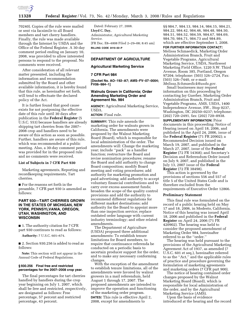 Federal Register/Vol. 73, No. 42/Monday, March 3, 2008/Rules