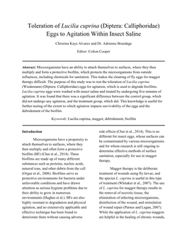 Toleration of Lucilia Cuprina (Diptera: Calliphoridae) Eggs to Agitation Within Insect Saline